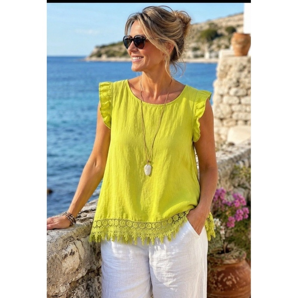 Terzo Millennio Linen Blouse L Lime Green Crochet Lace Hem Made In Italy Coastal